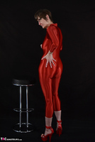 Hot Milf. Red Wetlook Shiny Spandex Catsuit Free Pic 7
