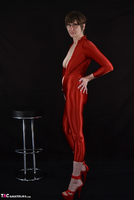Hot Milf. Red Wetlook Shiny Spandex Catsuit Free Pic 9