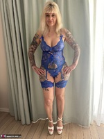 Inked MILF. Sexy Blue Lingerie with High Heels Free Pic 1