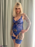 Inked MILF. Sexy Blue Lingerie with High Heels Free Pic 2