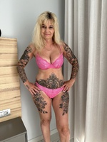 Inked MILF. Pink Knickers wirh bra and pussy spread Free Pic 7