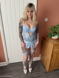 Denim Dress Sexy Lingerie and High Heels featuring Inked MILF